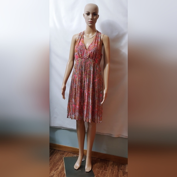 H&M Pink Paisley Sleeveless Pleated Dress Size 10 - Picture 2 of 7